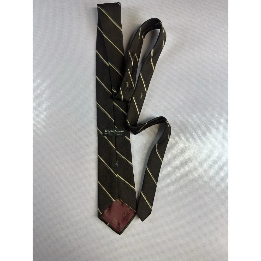 Yves Saint Laurent Monsieur Silk Tie Brown Tan Striped YSL Vintage Old Money - Picture 3 of 5